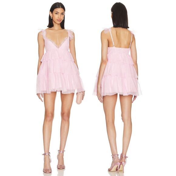 More To Come Arabela Ruffle Tulle Mini Dress Tiered Ruffle Boho Fairy Pink Small - Picture 1 of 12